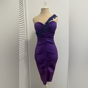 Xscape Strapless Dress in Purple with Blue Embellishments